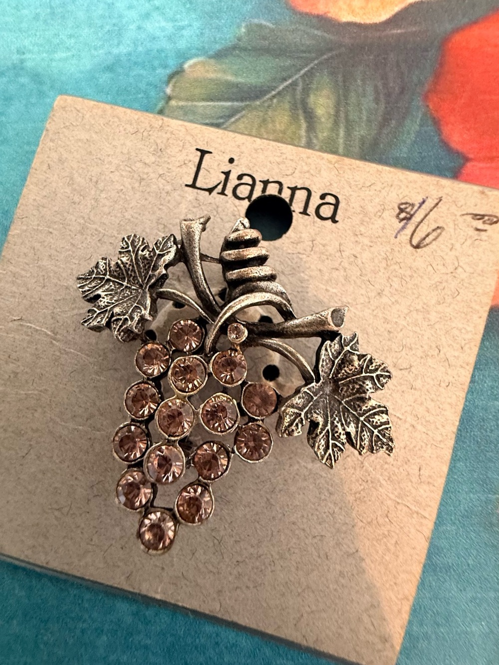 Anna Pink Crystal Grapevine Brooch with Silver-Tone Leaves